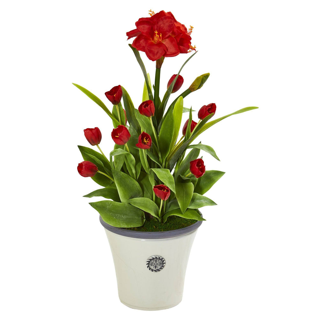 39” Amaryllis and Tulip Artificial Plant in Decorative Planter