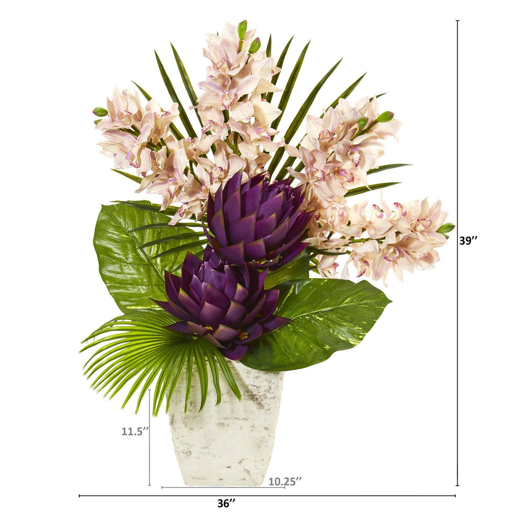 39” Cymbidium Orchid, Musella, Fan Palm and Pothos Leaf Artificial Plant