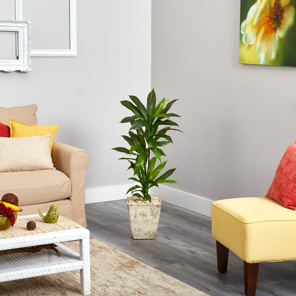 39” Dracaena Artificial Plant in Country White Planter (Real Touch)