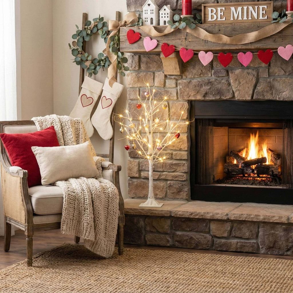 3' Pre-Lit Artificial Valentine's Day Twig Tree with 12 Warm White LED Lights and Heart Ornaments