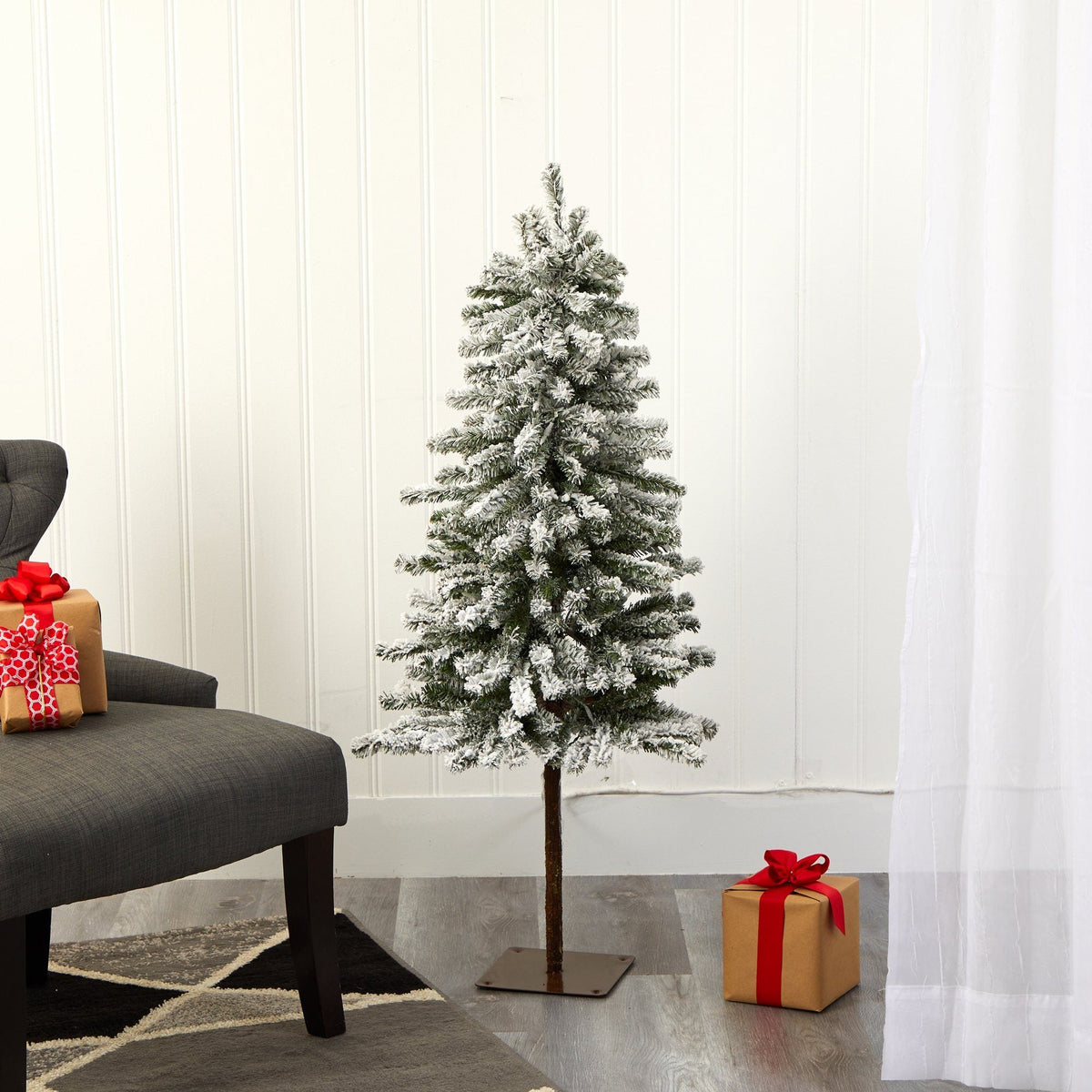 4’ Flocked Alpine Artificial Christmas Tree with 100 Lights and 260 Bendable Branches