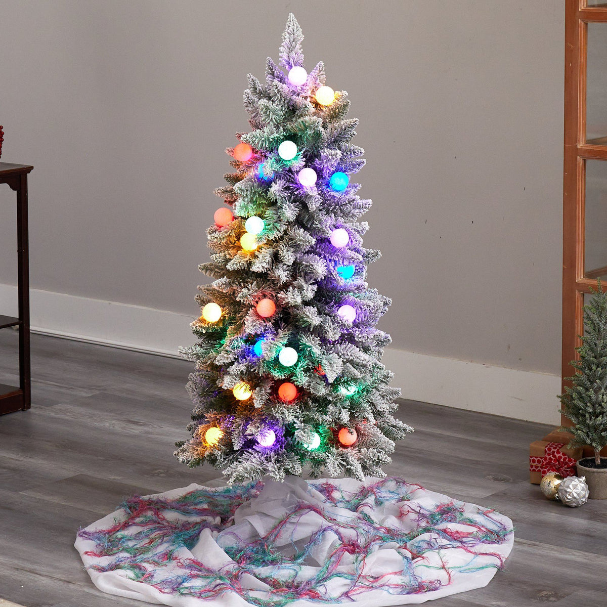 4' Flocked British Columbia Mountain Fir Artificial Christmas Tree with 40 Multi Color Globe Bulbs and 247 Branches