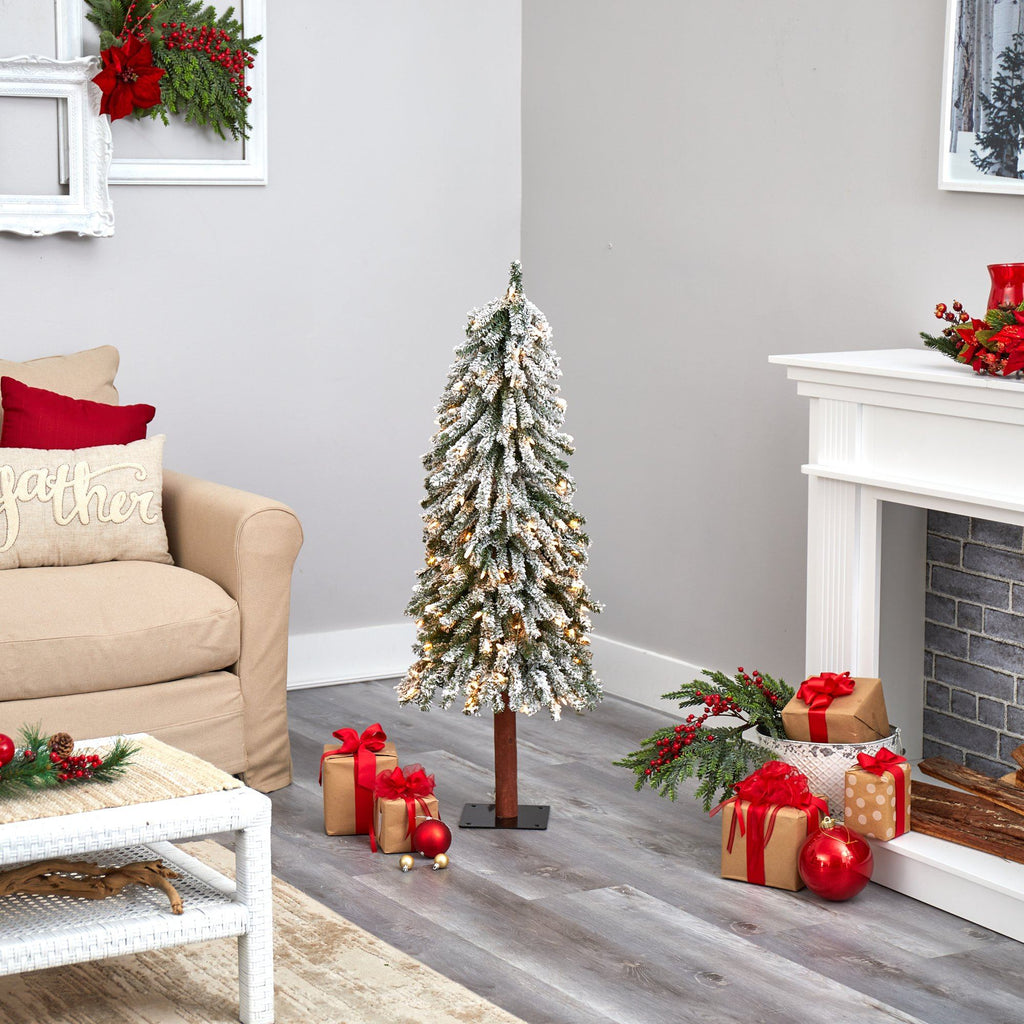 4’ Flocked Grand Alpine Artificial Christmas Tree with 100 Lights and 361 Branches on Natural Trunk