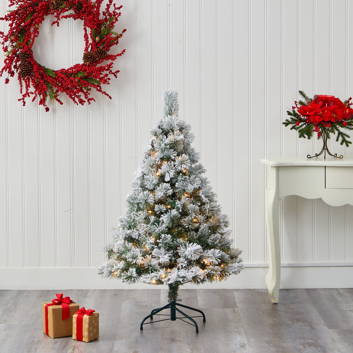 4’ Flocked Oregon Pine Artificial Christmas Tree with 100 Clear Lights and 215 Bendable Branches
