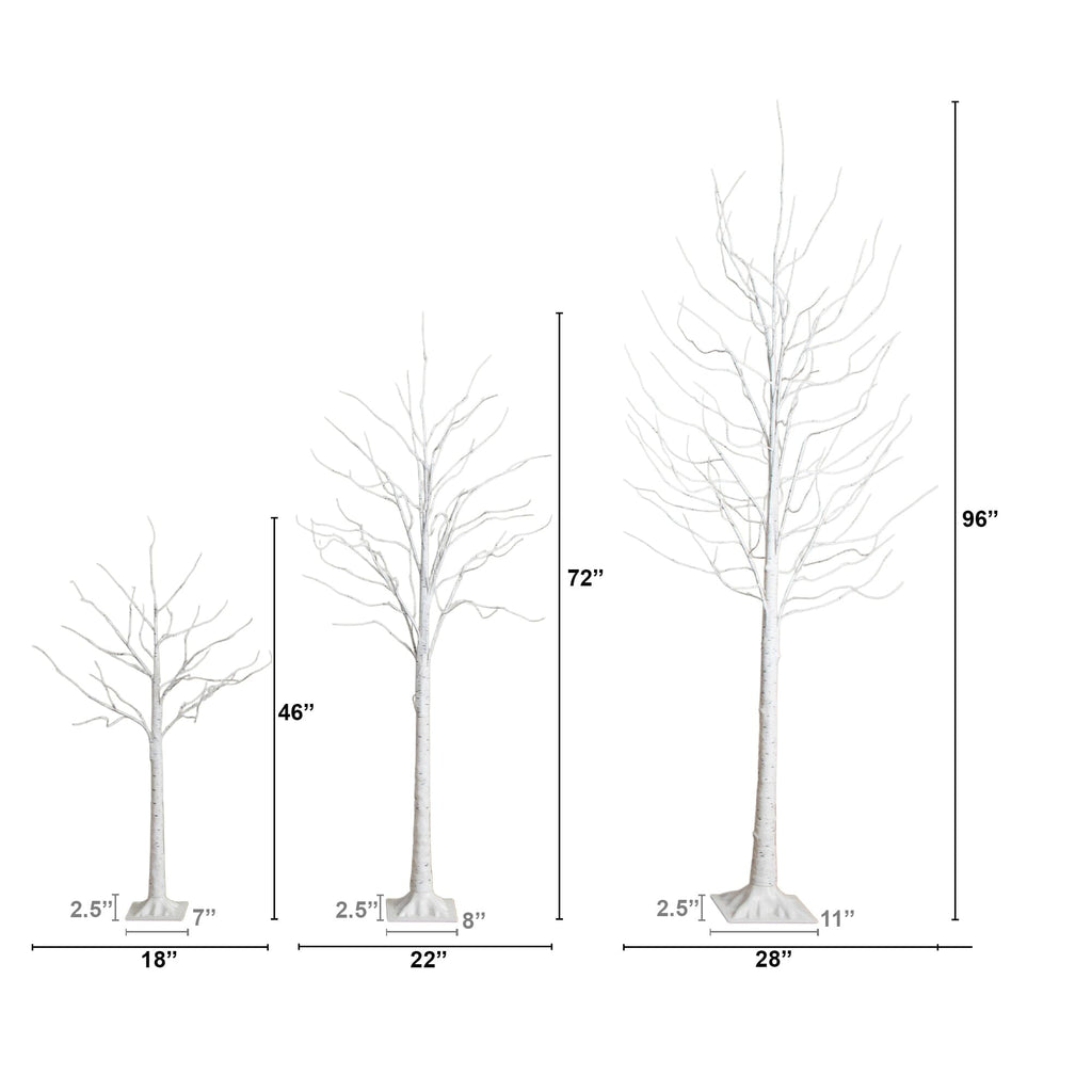 4' 6' 8' Pre-Lit Artificial White Birch Trees with LED Lights - Set of 3