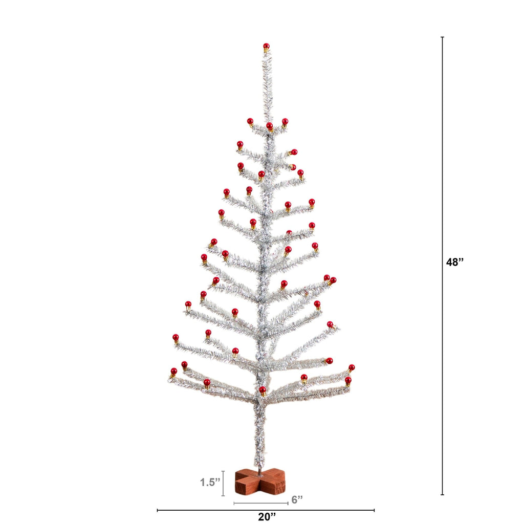 4' Artificial Retro Silver Tinsel  Christmas Tree with 50 Red Mini Ornament Balls and Wooden Base