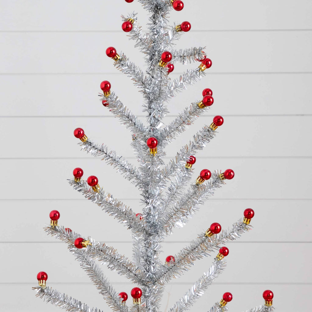 4' Artificial Retro Silver Tinsel  Christmas Tree with 50 Red Mini Ornament Balls and Wooden Base