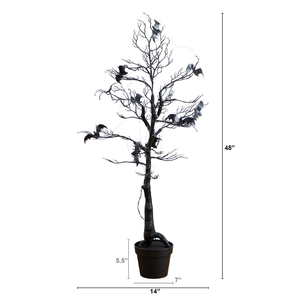 4' Pre-Lit Artificial Halloween Black Spooky Twig Tree with Bats and 120 Orange & Purple LED Lights