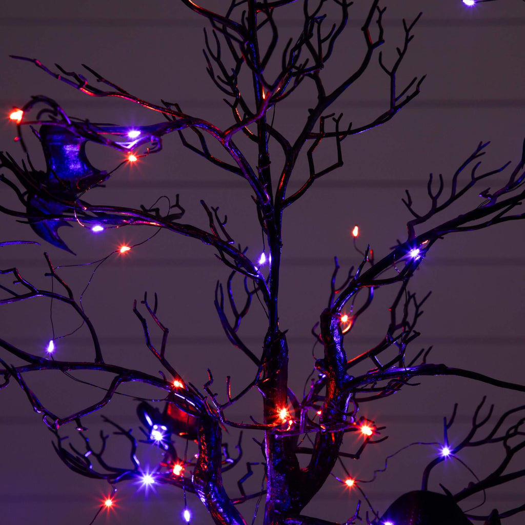 4' Pre-Lit Artificial Halloween Black Spooky Twig Tree with Bats and 120 Orange & Purple LED Lights