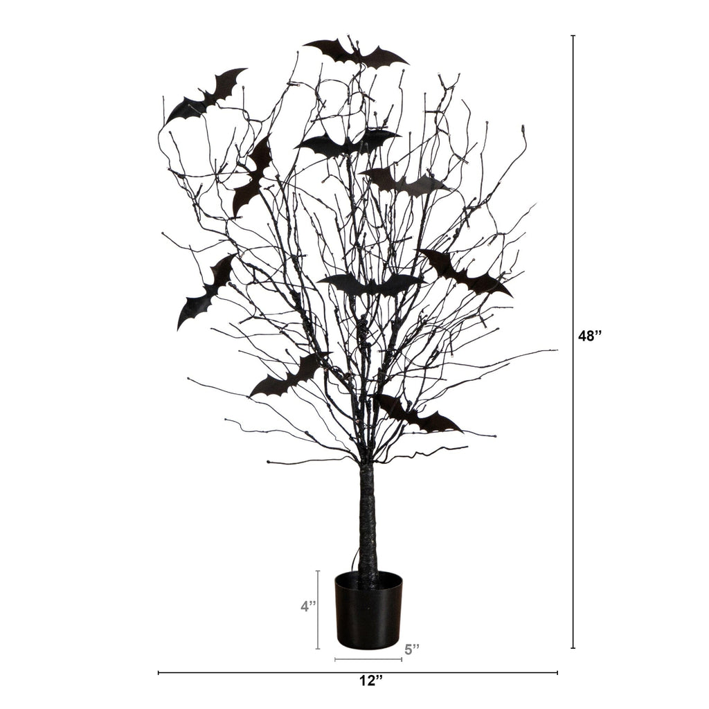 4' Pre-Lit Artificial Halloween Black Twig Tree with Bats and 50 Orange LED Lights
