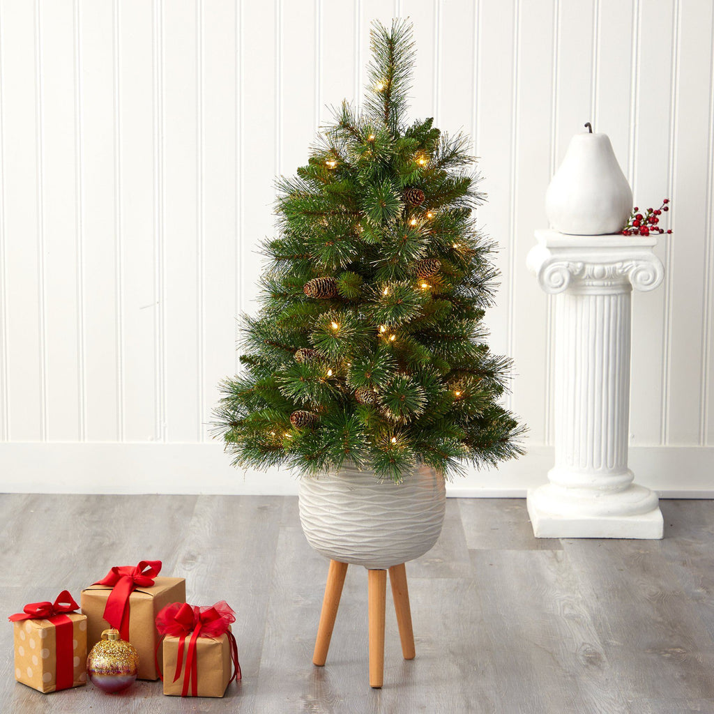 4’ Golden Tip Washington Pine Artificial Christmas Tree with 50 Clear Lights, Pine Cones and 148 Bendable Branches in White Planter with Stand