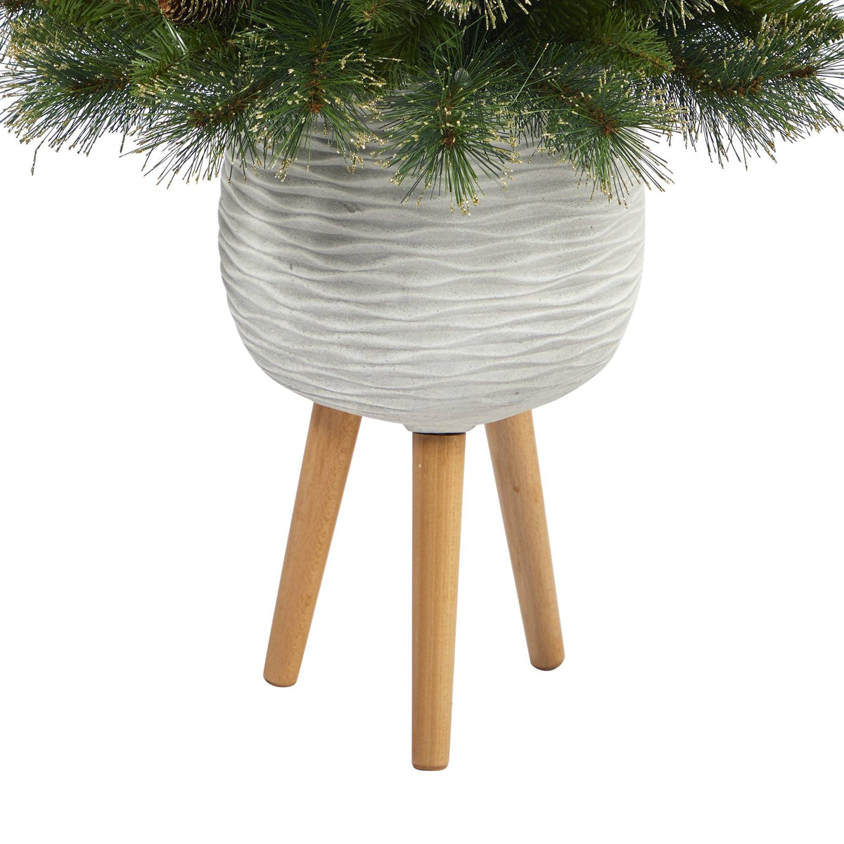 4’ Golden Tip Washington Pine Artificial Christmas Tree with 50 Clear Lights, Pine Cones and 148 Bendable Branches in White Planter with Stand