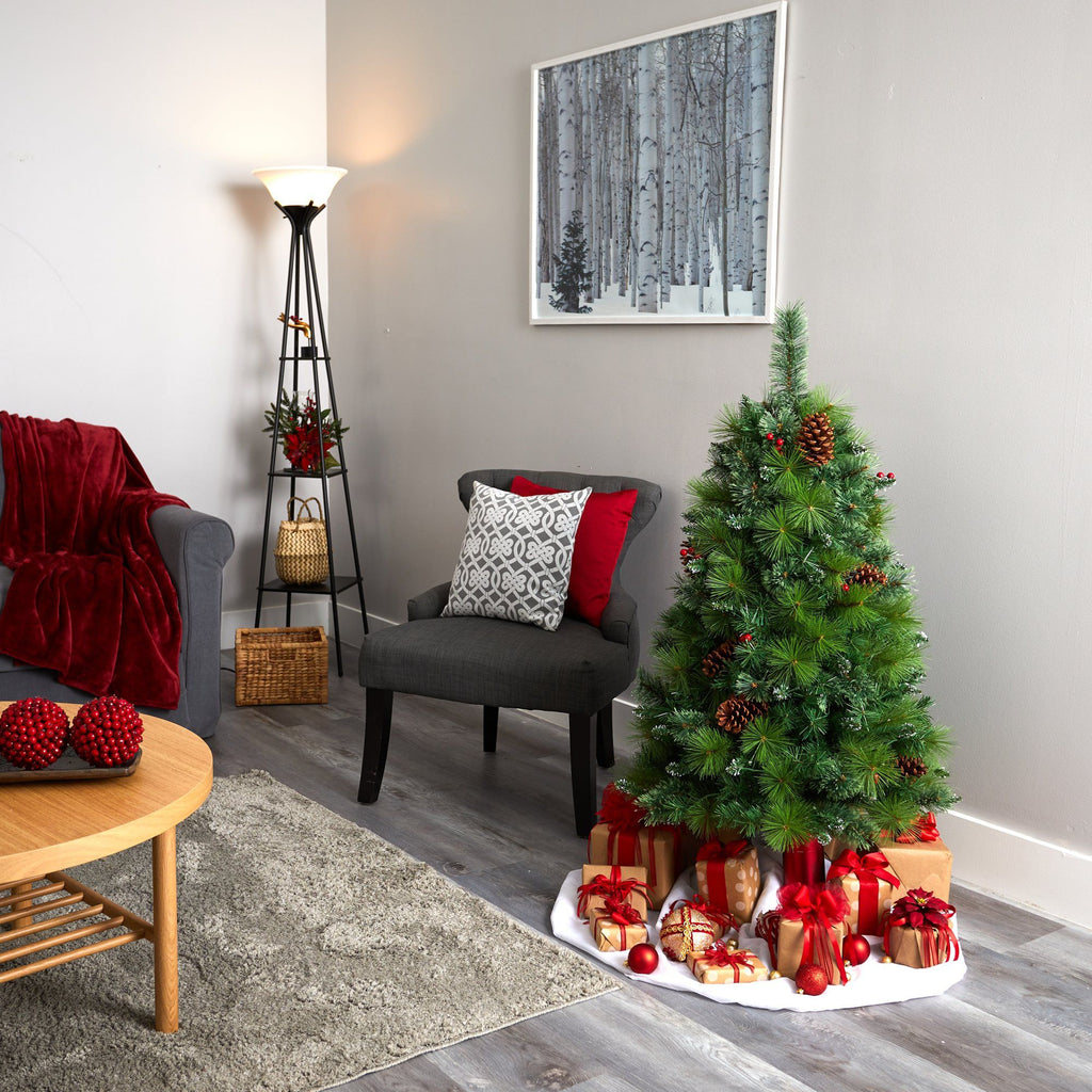 4’ Montana Mixed Pine Artificial Christmas Tree with Pine Cones, Berries and 150 Clear LED Lights
