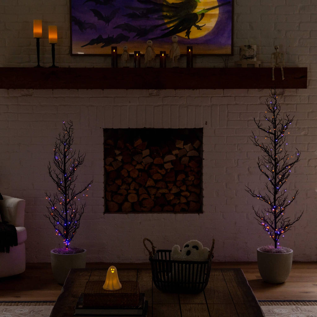 4' Pre-Lit Artificial Halloween Black Spooky Twig Tree with 160 Orange & Purple Copper Wire String LED Lights