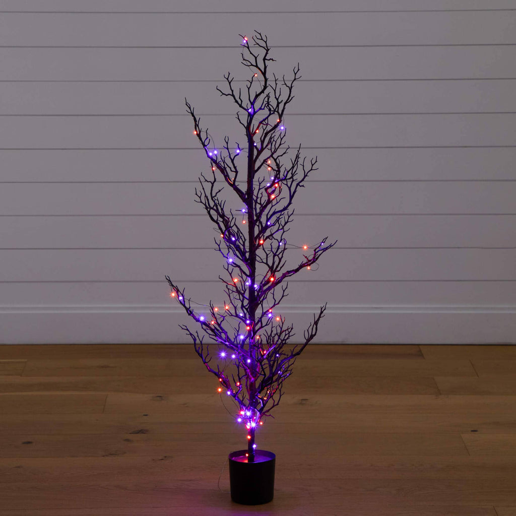 4' Pre-Lit Artificial Halloween Black Spooky Twig Tree with 160 Orange & Purple Copper Wire String LED Lights