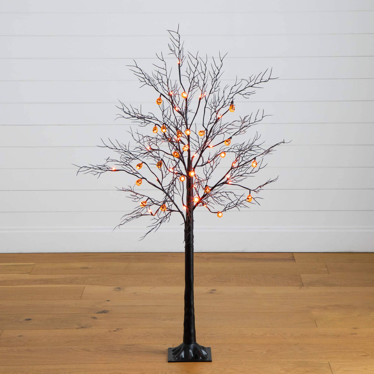 4' Pre-Lit Artificial Halloween Black Twig Tree with 24 Orange LED Pumpkin Shaped Lights