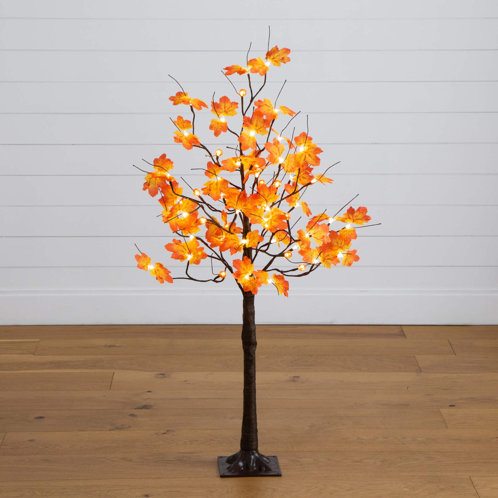 4' Pre-Lit Minimalist Autumn Maple Artificial Fall Tree with 56 LED Warm White & Orange Pumpkin Shaped Lights