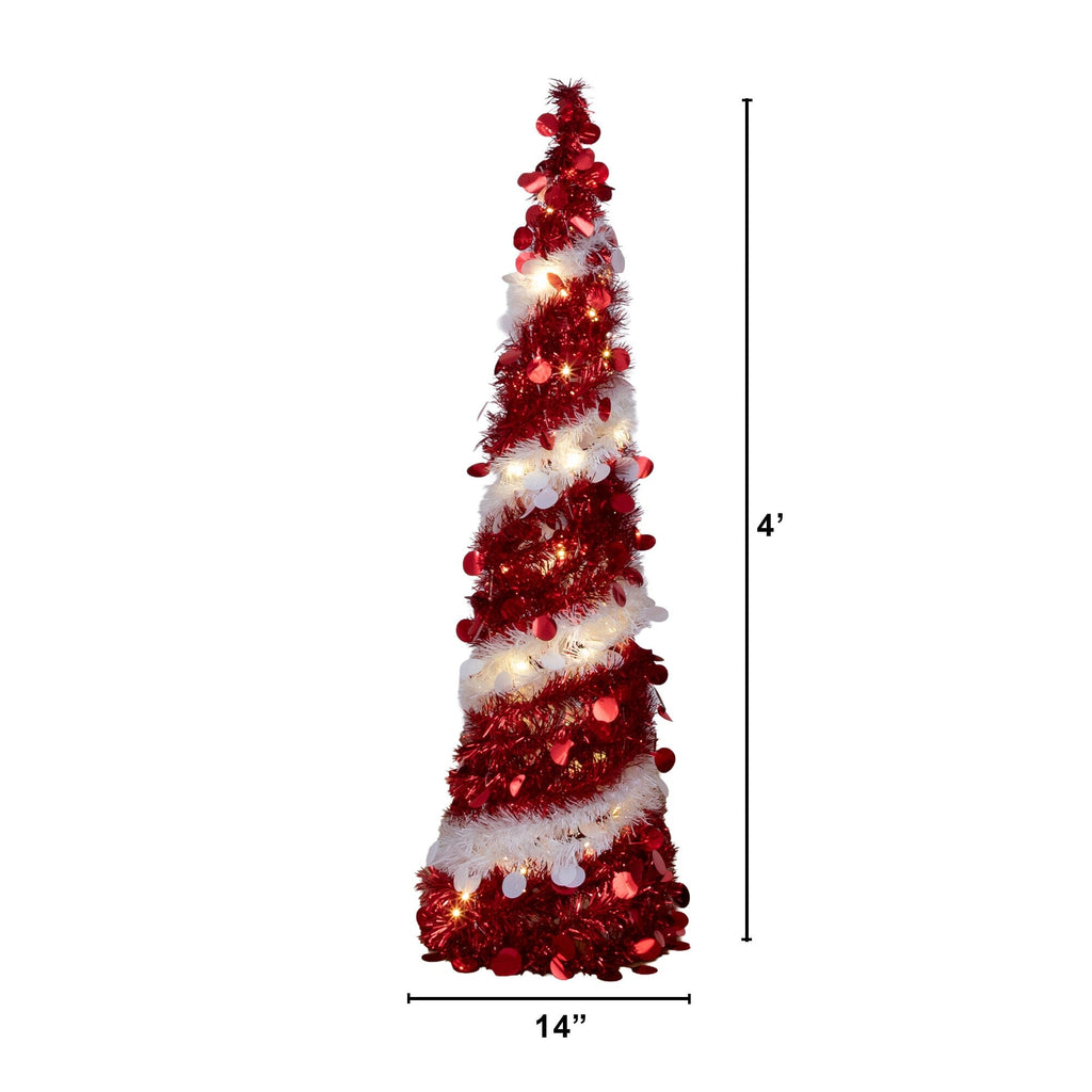 4' Pre-Lit Pop up Red & White Tinsel Christmas Tree with 50 LED Lights