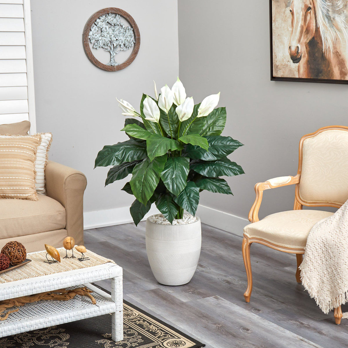 4’ Spathiphyllum Artificial Plant in White Designer Planter