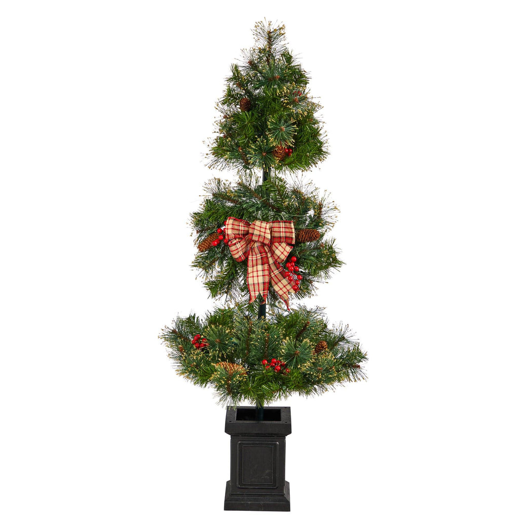 4’ Topiary Tree with Decorative Ribbon, Berries, 70 Clear LED Lights and 109 Branches in Planter