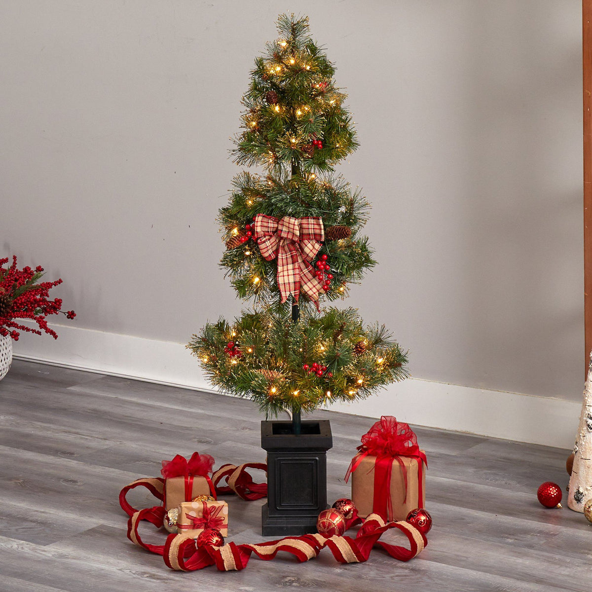 4’ Topiary Tree with Decorative Ribbon, Berries, 70 Clear LED Lights and 109 Branches in Planter