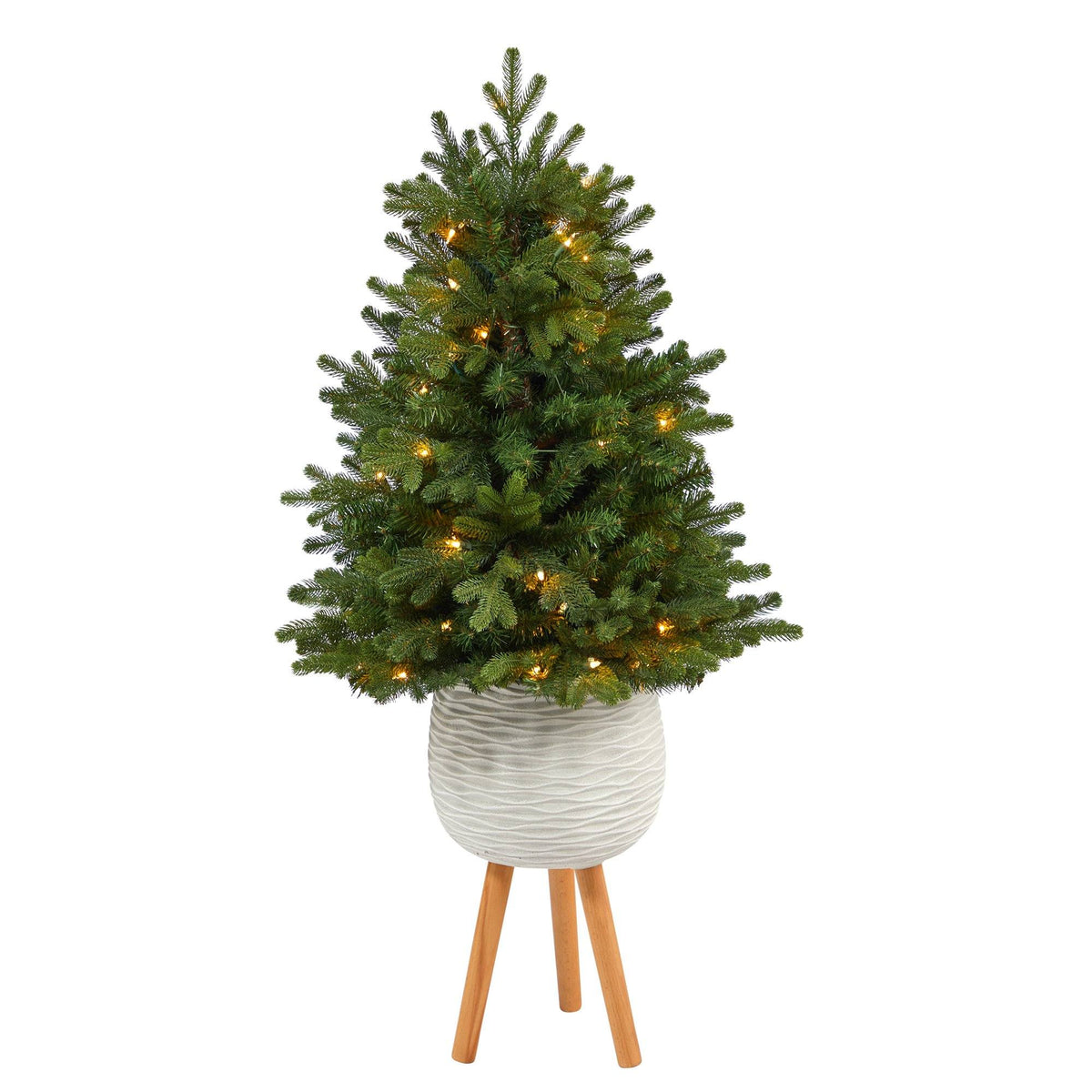 4’ Washington Fir Artificial Christmas Tree with 50 Clear Lights in White Planter with Decorative Planter Stand