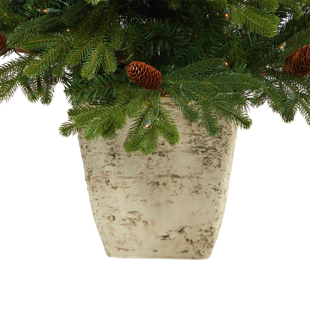 4’ Yukon Mountain Fir Artificial Christmas Tree with 100 Clear Lights, Pine Cones and 386 Bendable Branches in Country White Planter
