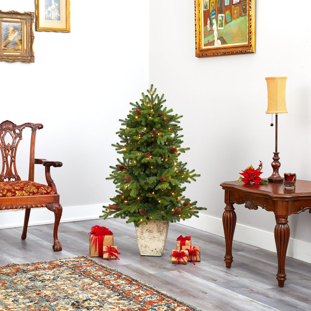4’ Yukon Mountain Fir Artificial Christmas Tree with 100 Clear Lights, Pine Cones and 386 Bendable Branches in Country White Planter