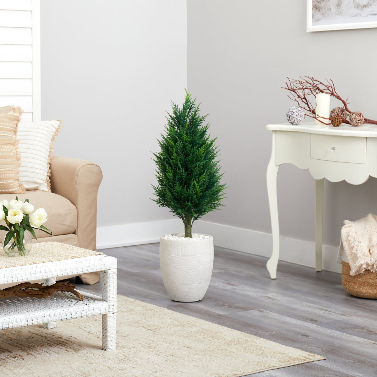 40” Cypress Tower Artificial Tree in White Planter (Indoor/Outdoor)