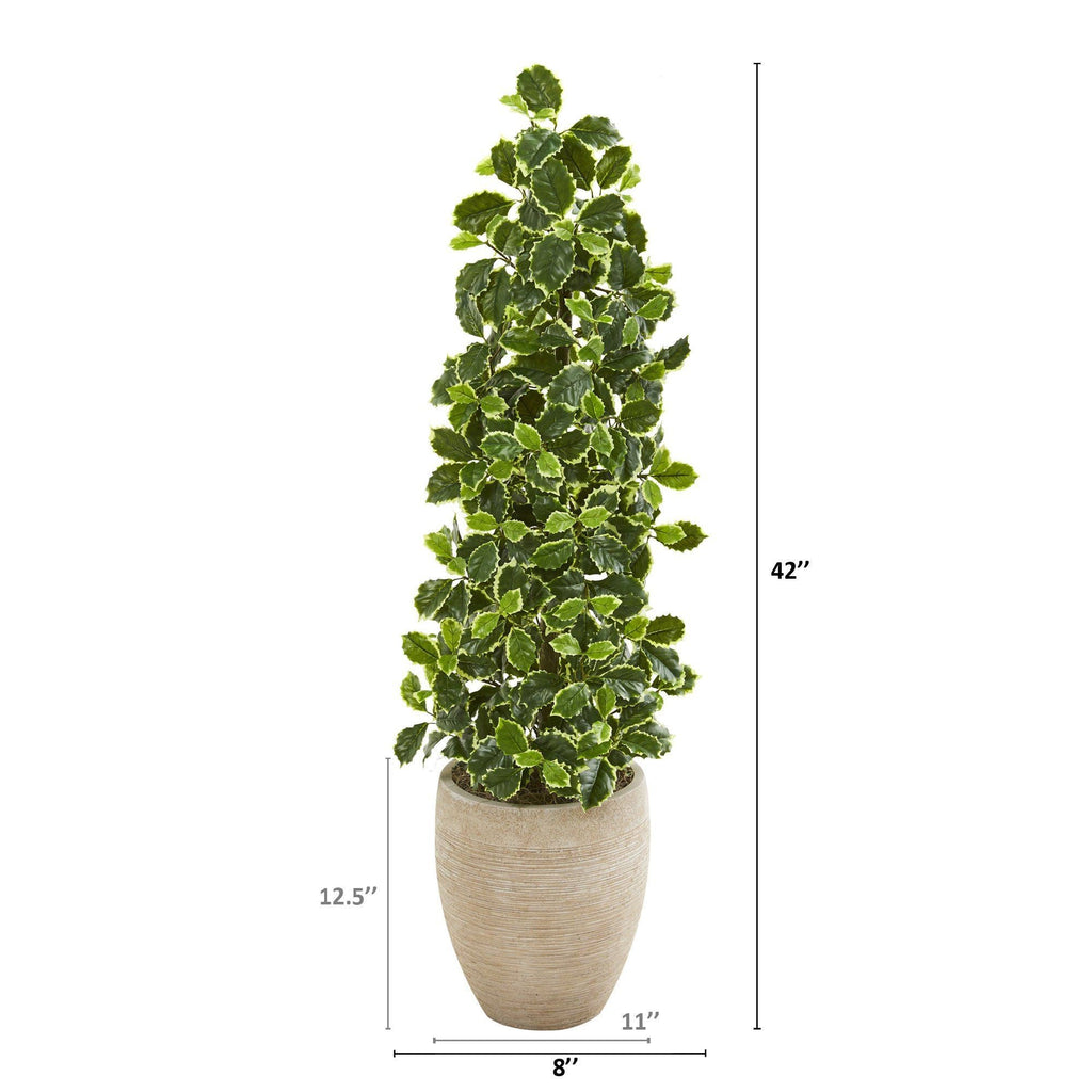 42” Variegated Holly Leaf Artificial Tree in Sand Colored Planter (Real Touch)