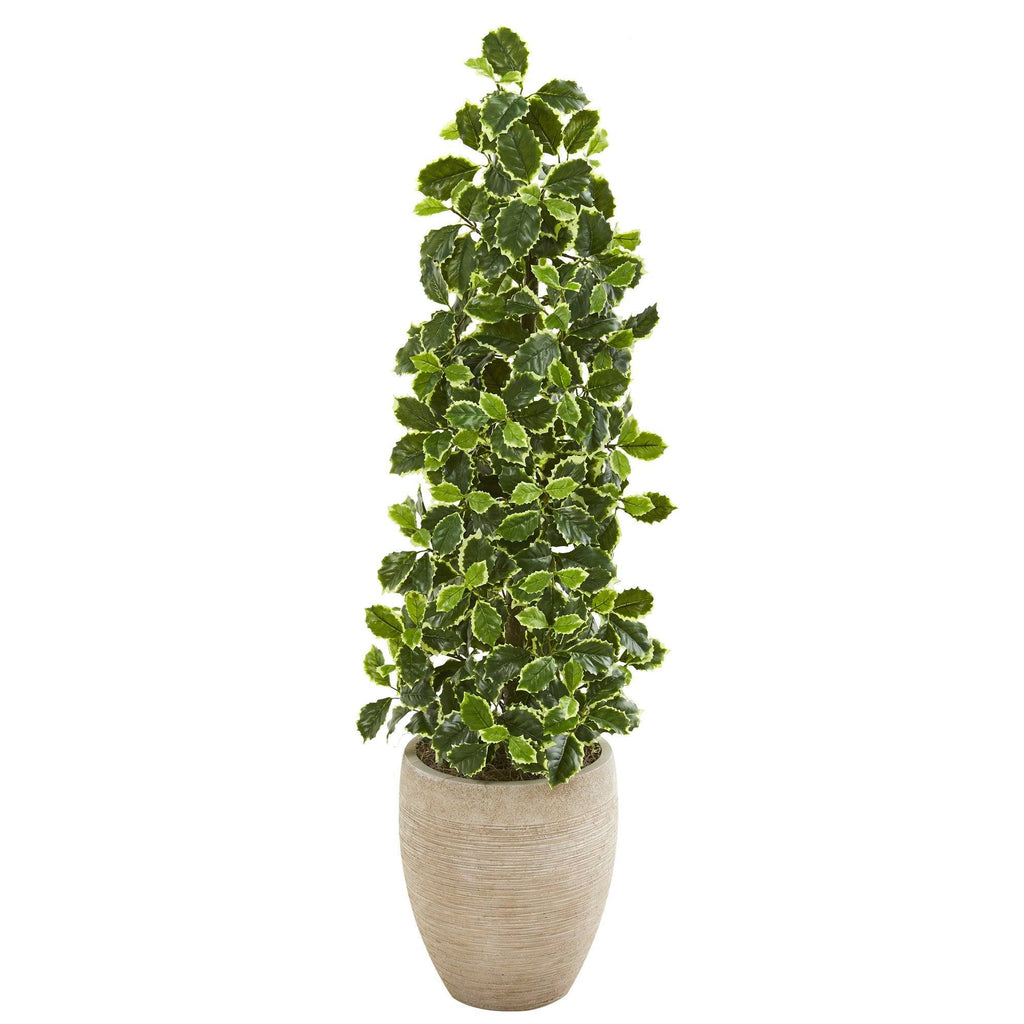42” Variegated Holly Leaf Artificial Tree in Sand Colored Planter (Real Touch)