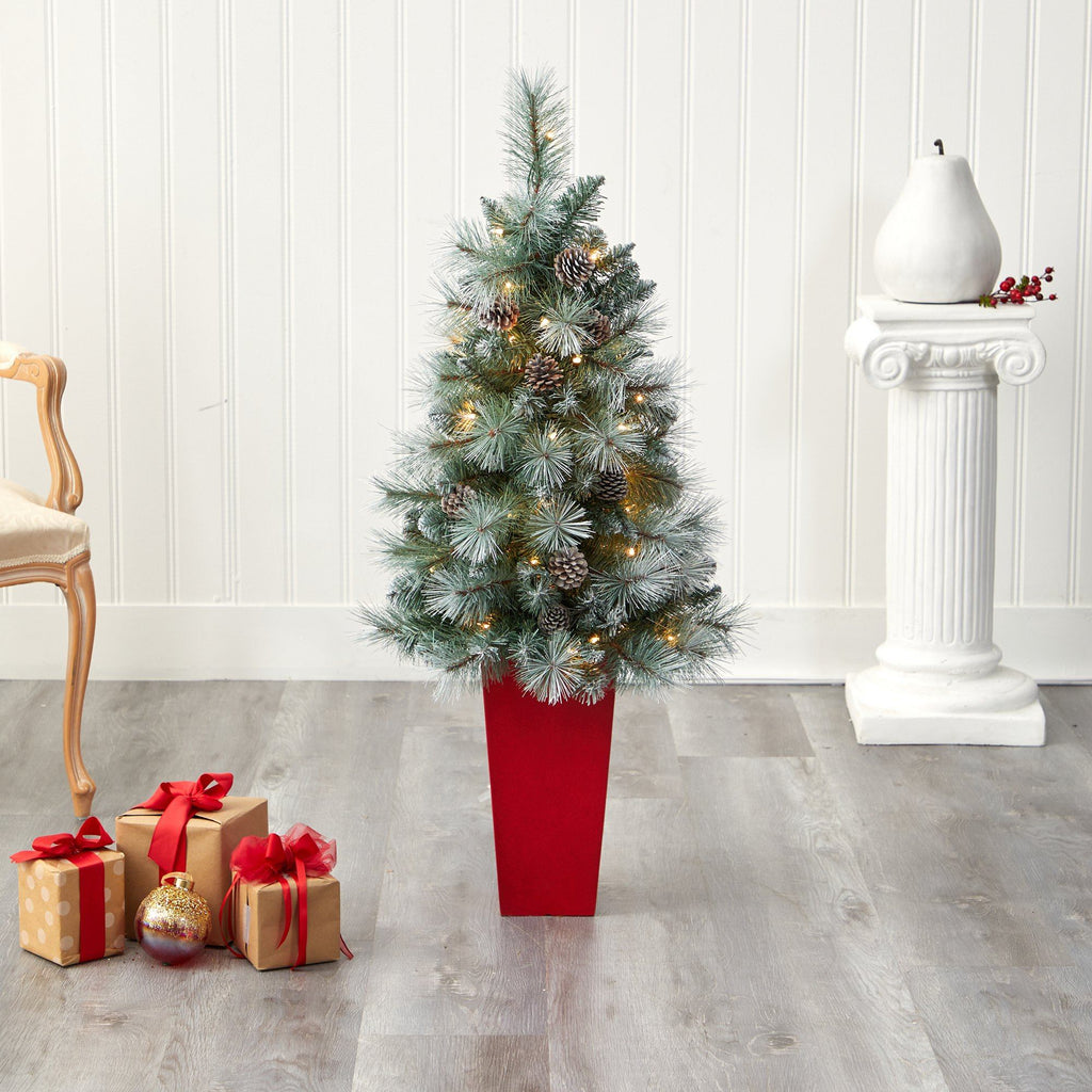 44” Frosted Tip British Columbia Mountain Pine Artificial Christmas Tree in Red Tower Planter