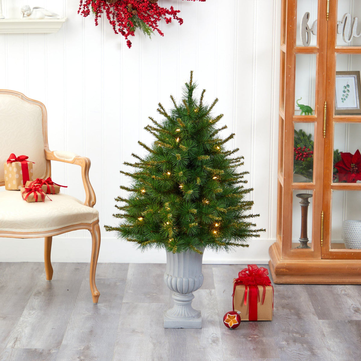 44” New England Pine Artificial Christmas Tree with 50 Clear Lights and 117 Bendable Branches in Decorative Urn