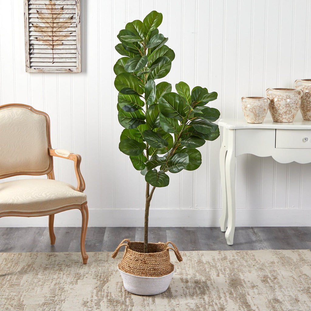 4.5’ Fiddle Leaf Fig Artificial Tree with Boho Chic Handmade Cotton & Jute White Woven Planter