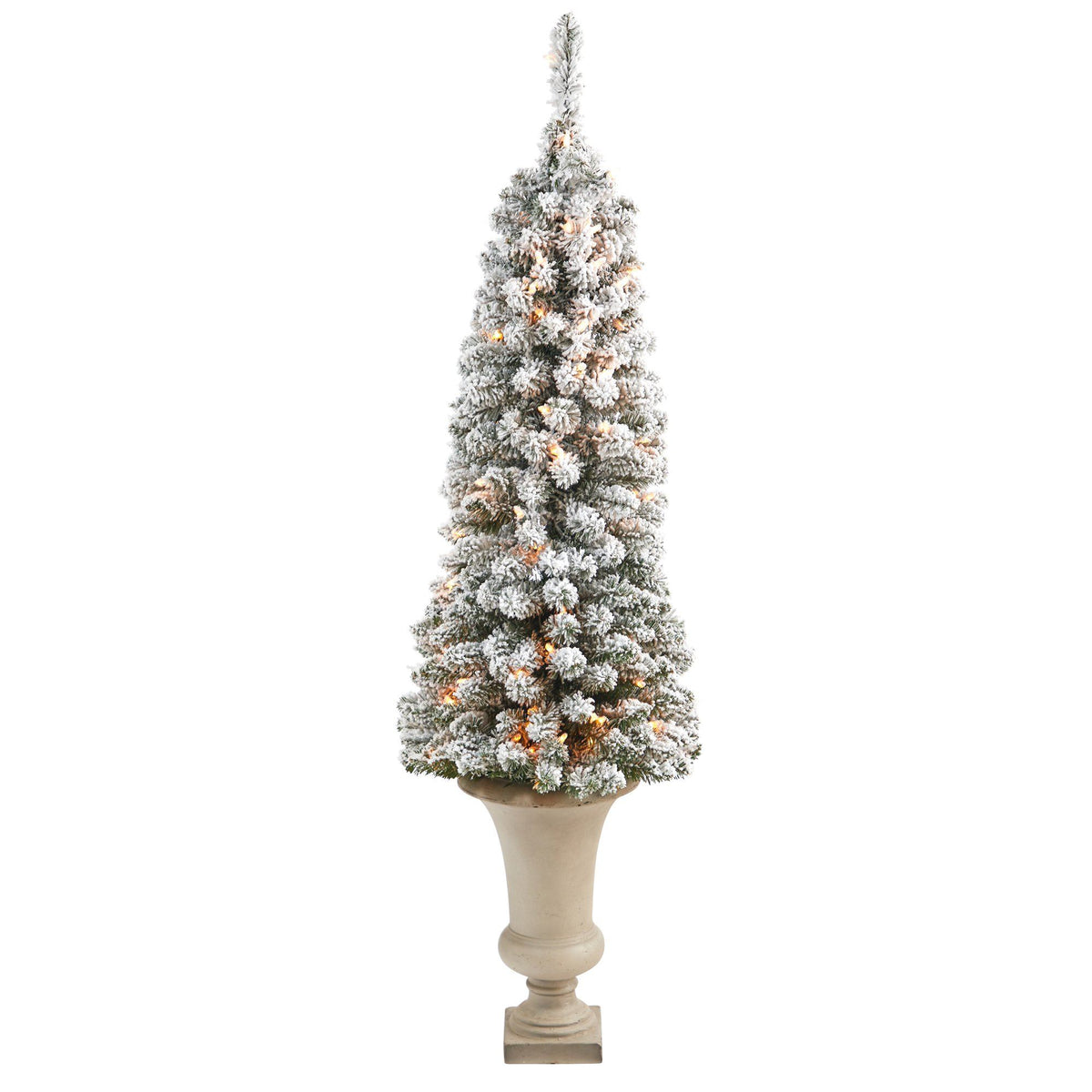 4.5’ Flocked Pencil Artificial Christmas Tree with 100 Clear Lights and 216 Bendable Branches in Sand Colored Urn