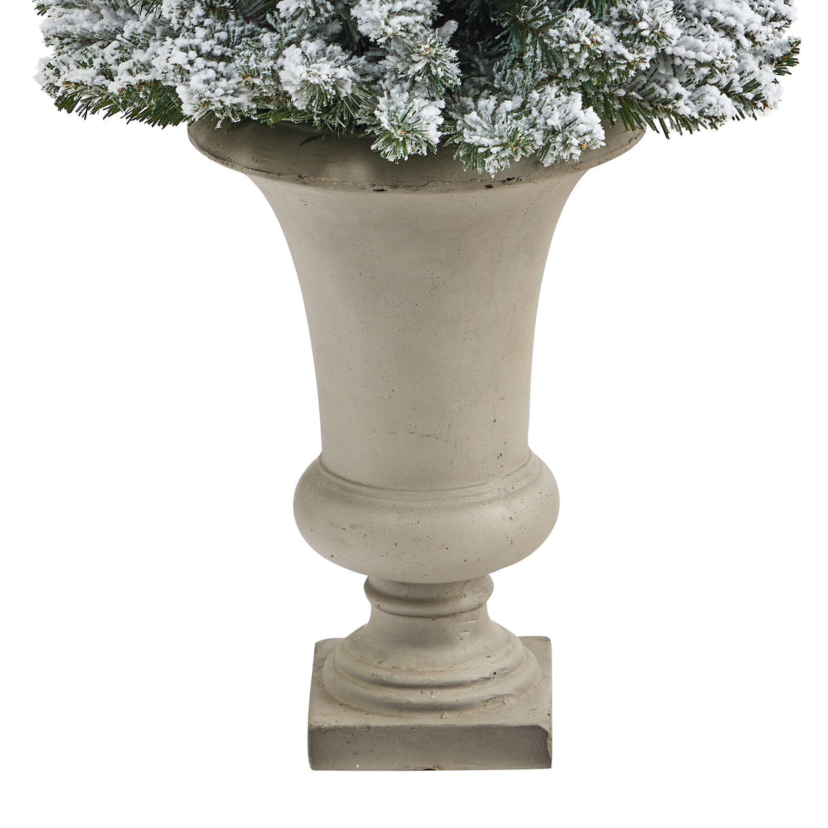 4.5’ Flocked Pencil Artificial Christmas Tree with 100 Clear Lights and 216 Bendable Branches in Sand Colored Urn