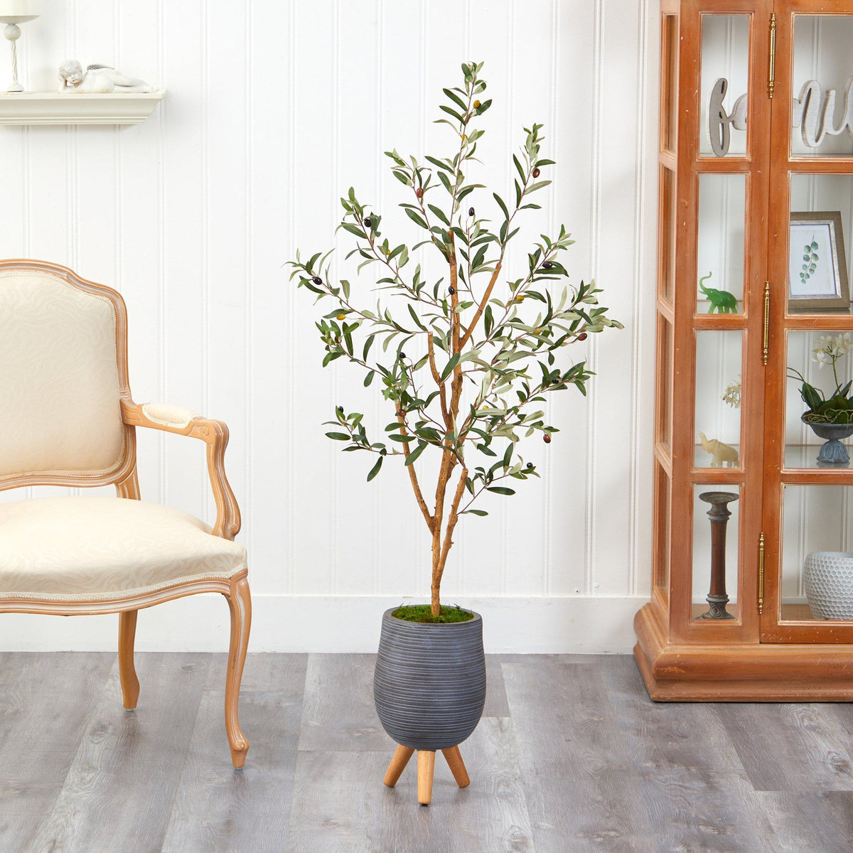 4.5’ Olive Artificial Tree in Gray Tripod Planter