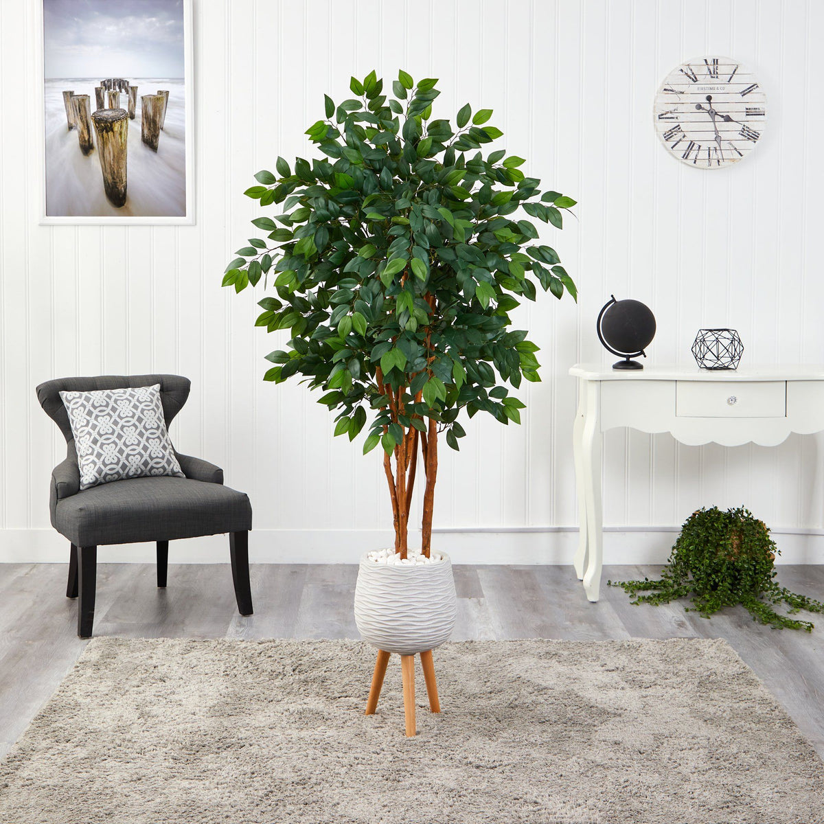 4.5’ Sakaki Artificial Tree in White Planter with Stand