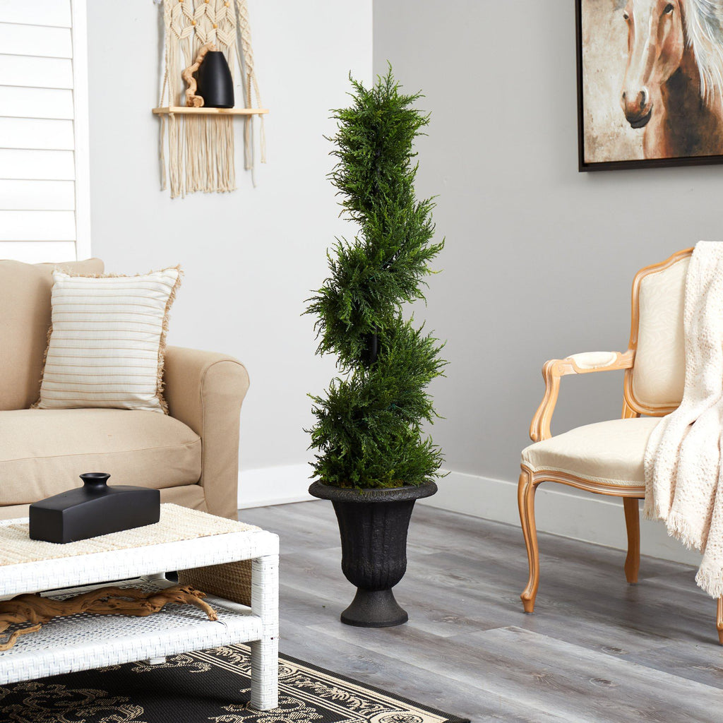 4.5’ Spiral Cypress Artificial Tree in Charcoal Urn with 80 Clear LED Lights UV Resistant (Indoor/Outdoor)
