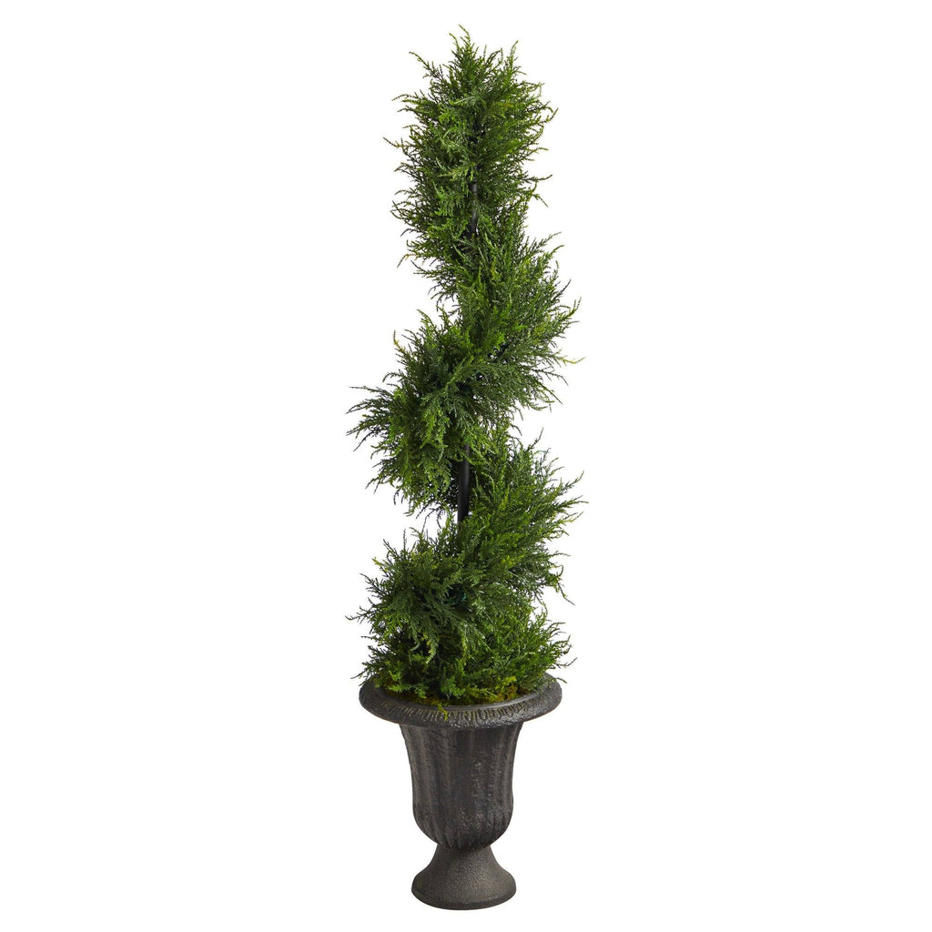 4.5’ Spiral Cypress Artificial Tree in Charcoal Urn with 80 Clear LED Lights UV Resistant (Indoor/Outdoor)