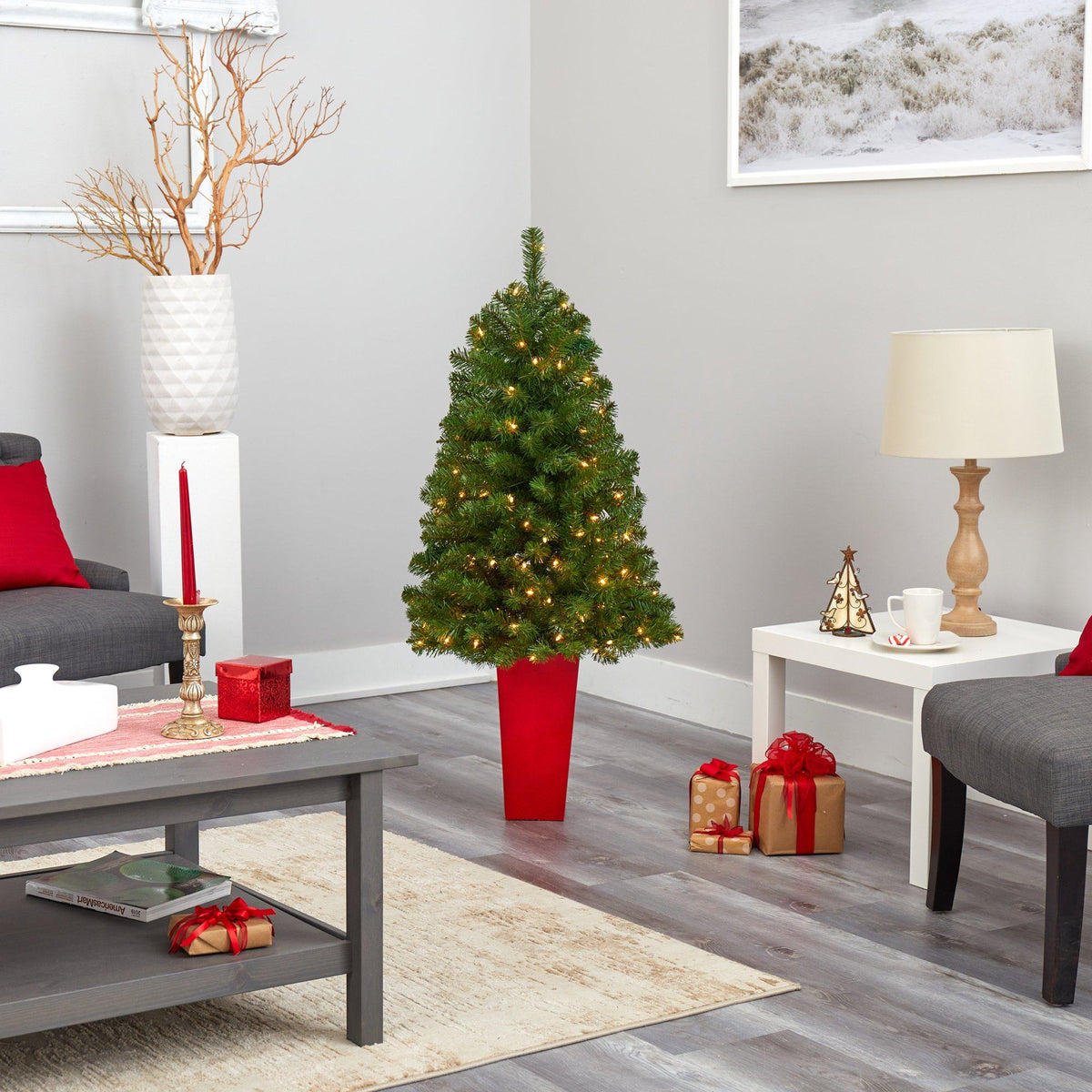 4.5’ Virginia Fir Artificial Christmas Tree with 100 Clear Lights and 223 Bendable Branches in Red Planter