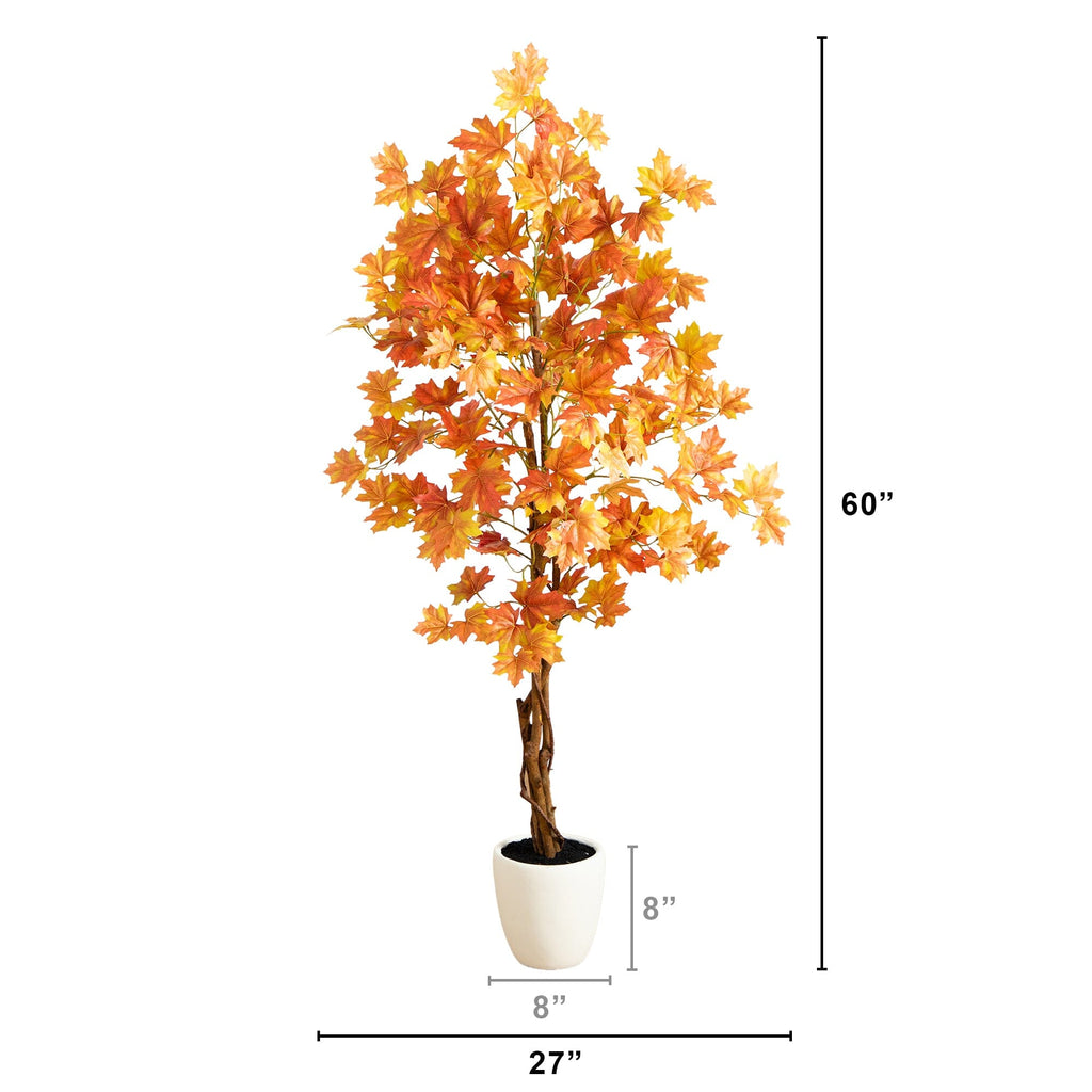 5’ Artificial Fall Double Trunk Maple Autumn Tree in Decorative White Planter