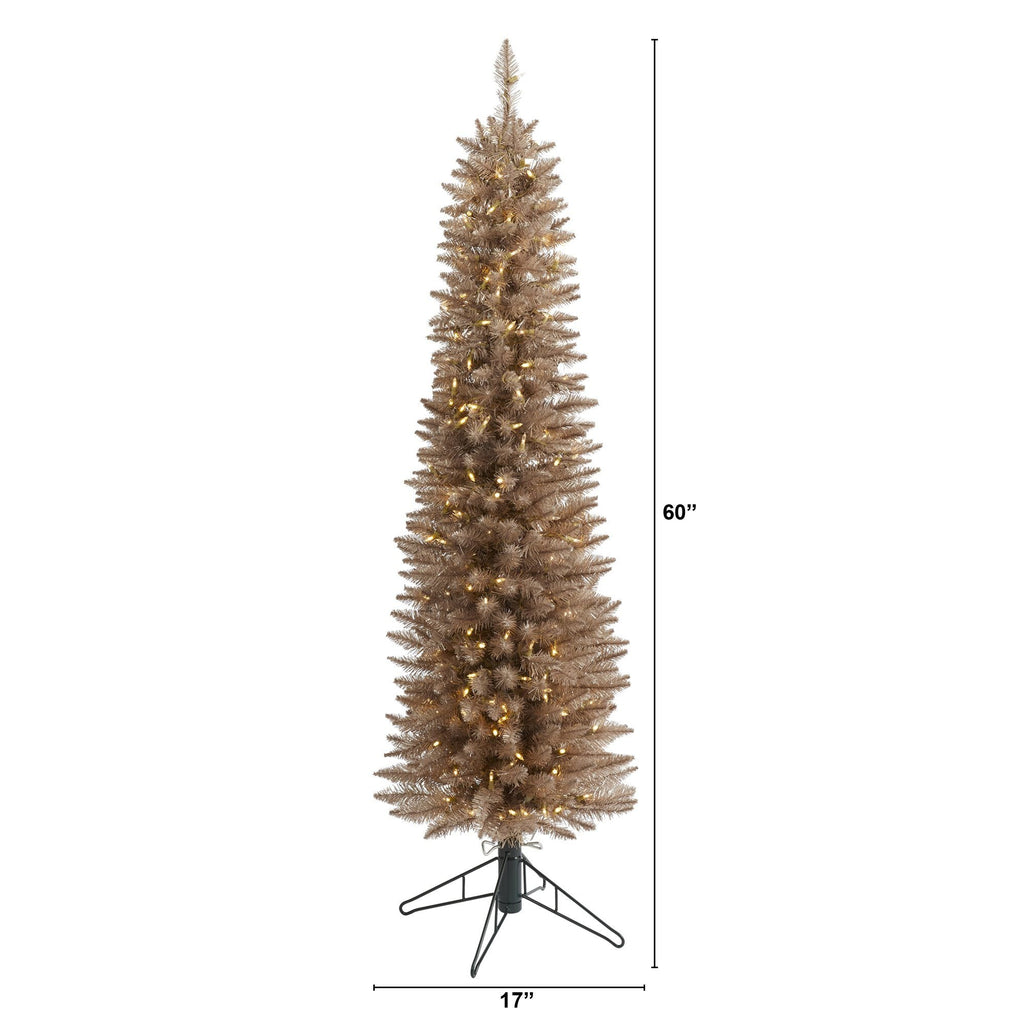 5’ Champagne Pencil Artificial Christmas Tree with 250 (multifunction) Clear LED Lights and 438 Bendable Branches