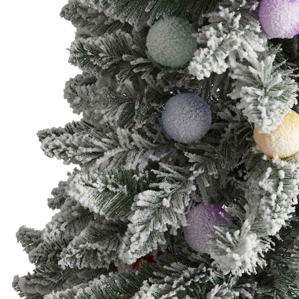 5' Flocked British Columbia Mountain Fir Artificial Christmas Tree with 50 Multi Color Globe Bulbs and 379 Bendable Branches