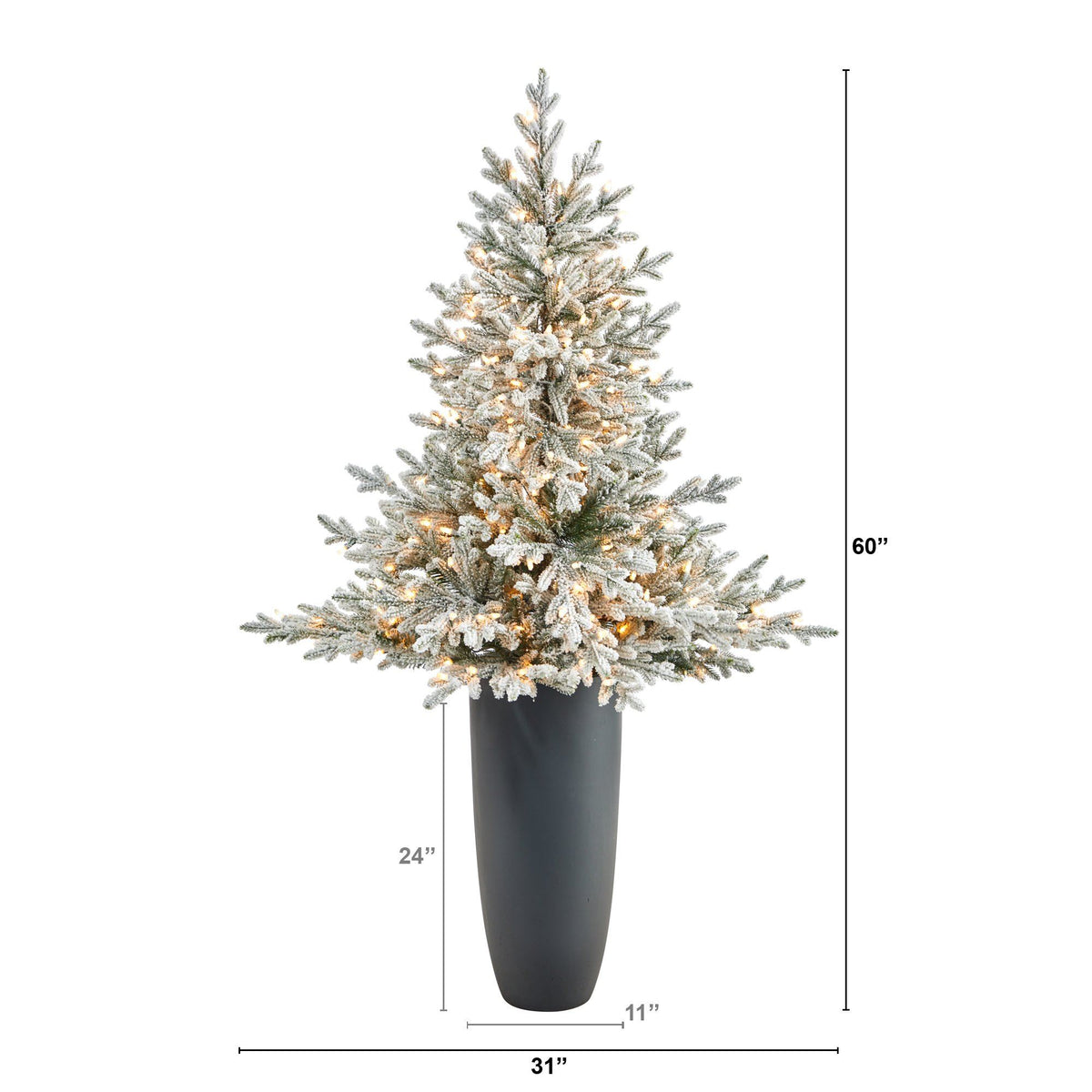 5’ Flocked Fraser Fir Artificial Christmas Tree with 300 Warm White Lights and 967 Bendable Branches in Gray Planter