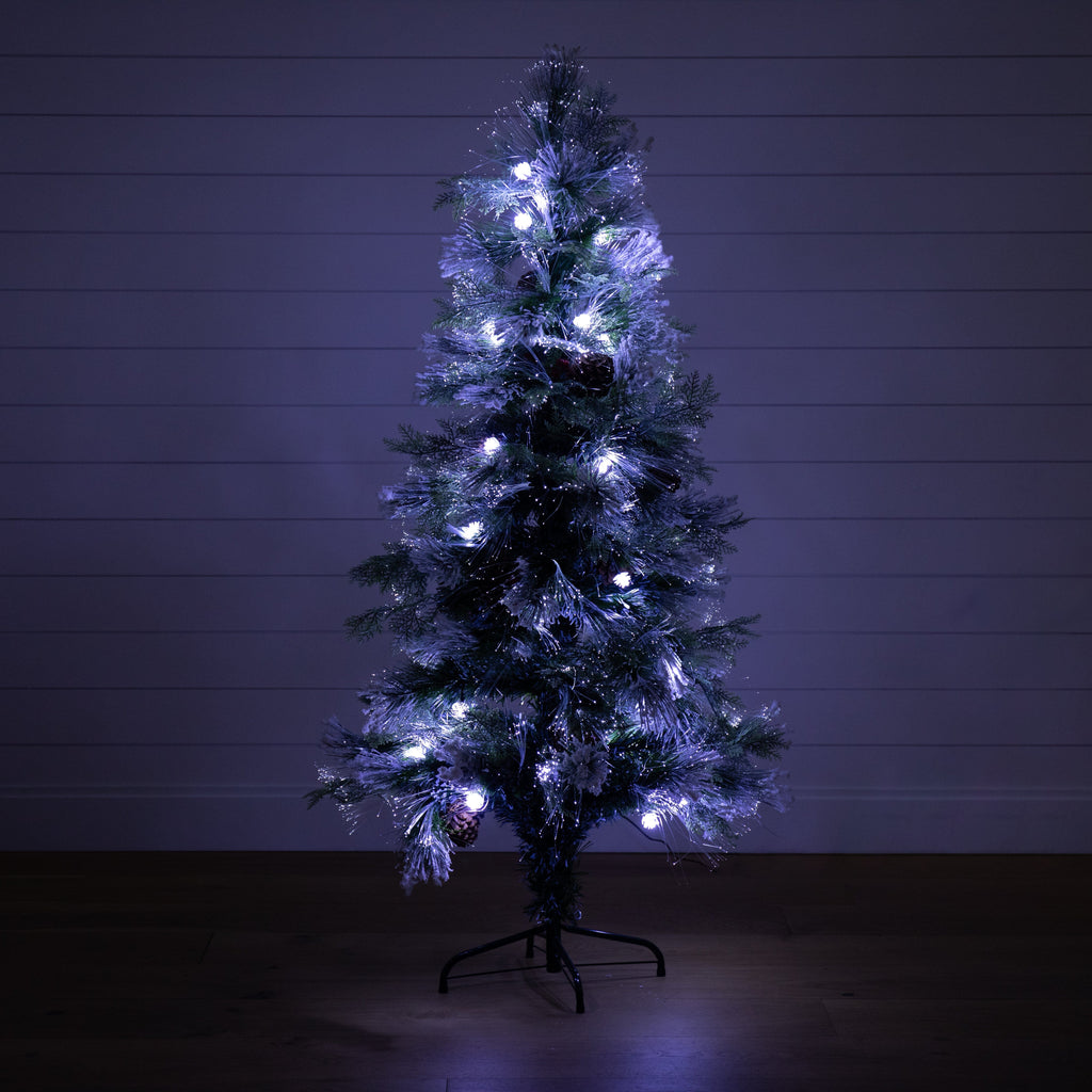 5' Flocked Pre-Lit Fiber Optic Artificial Pinecone & Berries Christmas Tree with 48 White LED Lights
