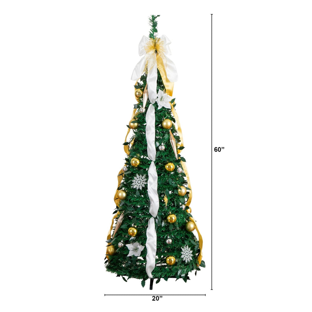 5' Pre-Lit Artificial Pop up Christmas Tree with Gold & Silver Ornaments, Ribbons and 100 Warm White LED Lights