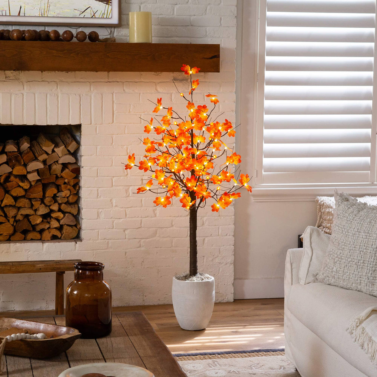 5' Pre-Lit Minimalist Autumn Maple Artificial Fall Tree with 96 LED Warm White & Orange Pumpkin Shaped Lights