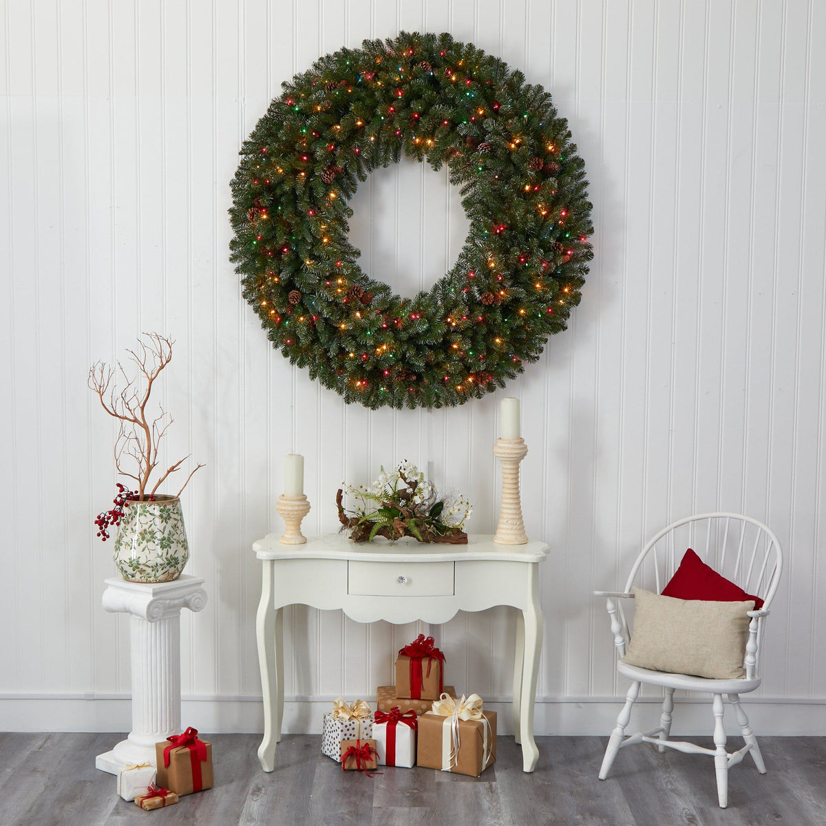 5’ Giant Flocked Artificial Christmas Wreath with 280 Multicolored Lights, Glitter and Pine Cones