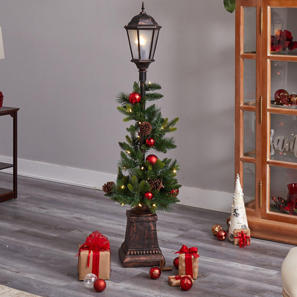 5' Holiday Decorated Lamp Post with Greenery, Ornaments and 50 LED Lights
